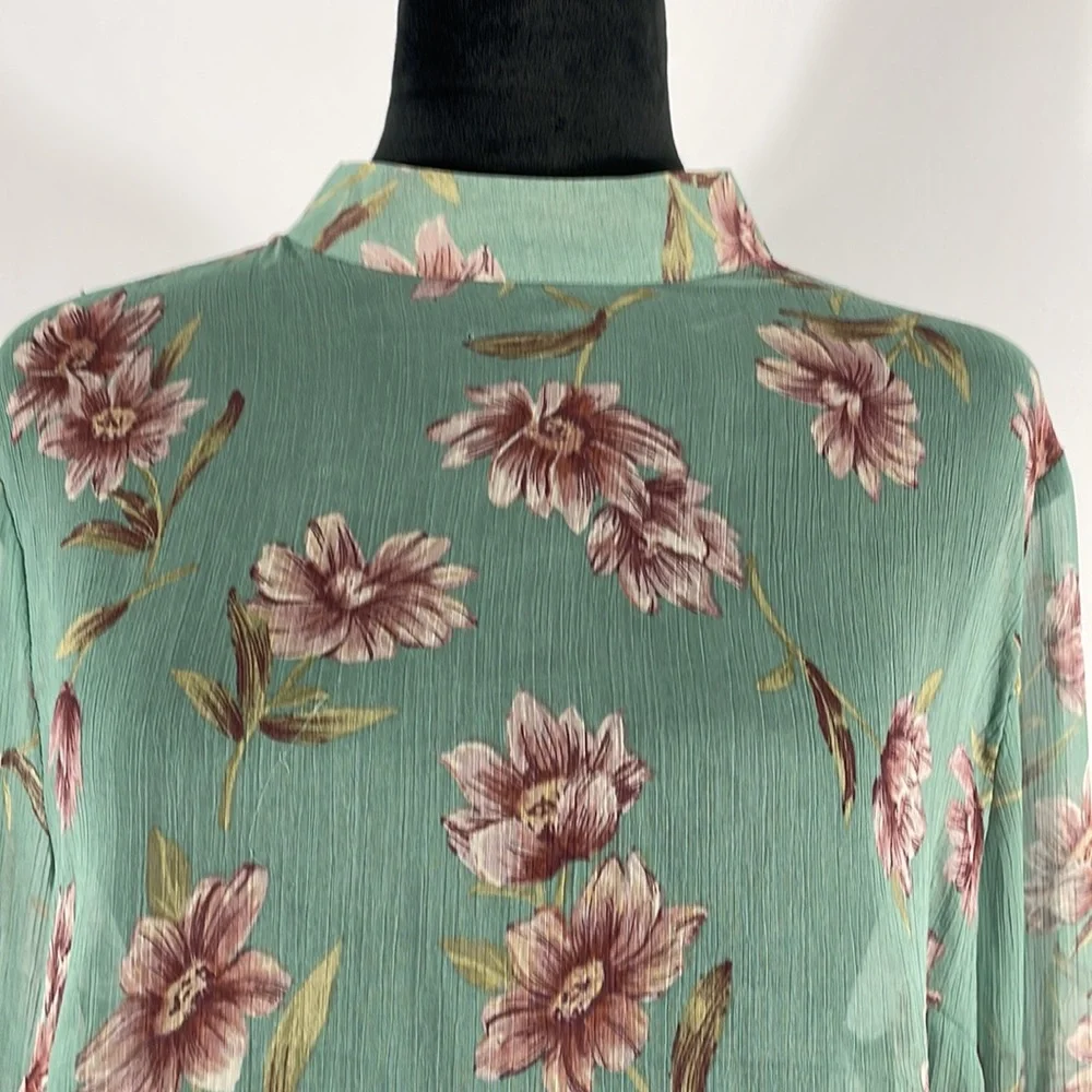 Floral Teal & Pink Sheer top,mock neck, long ruffle sleeve, flowy, XS - Picture 2 of 12